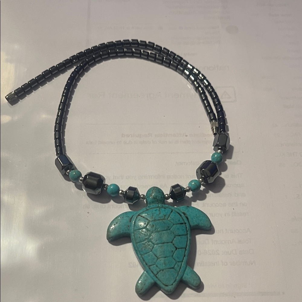 Turquoise Turtle Charm Necklace With HEMATITE & TURQUOISE BEADS